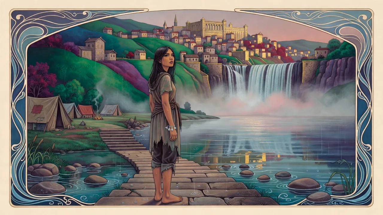 A tall young woman with straight black hair stands barefoot on the lowest of a flight of stone river steps at dawn, looking across a broad misty river at a hill city crowned by a golden palace and a waterfall.