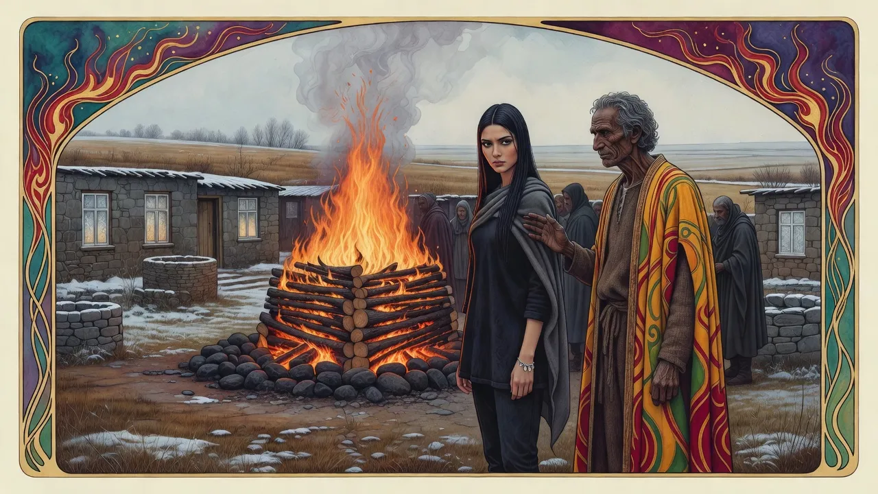 A tall young woman with straight black hair stands numb before a funeral fire inside a ring of stones in a winter village, a grey-haired man in a bright overrobe beside her.