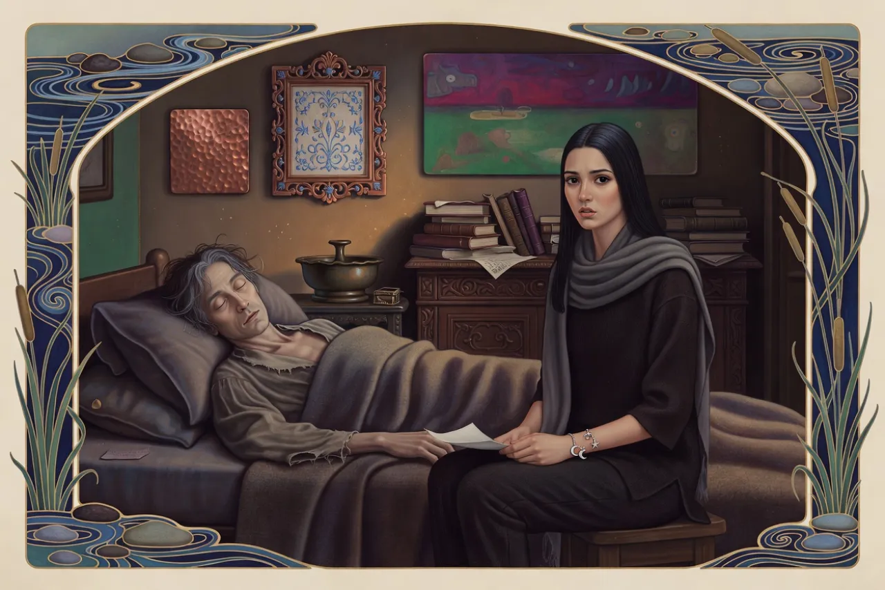 A gaunt, dark-haired man lies back on his pillows by lamplight with his eyes closed while his tall, dark-haired daughter looks up at him in surprise.