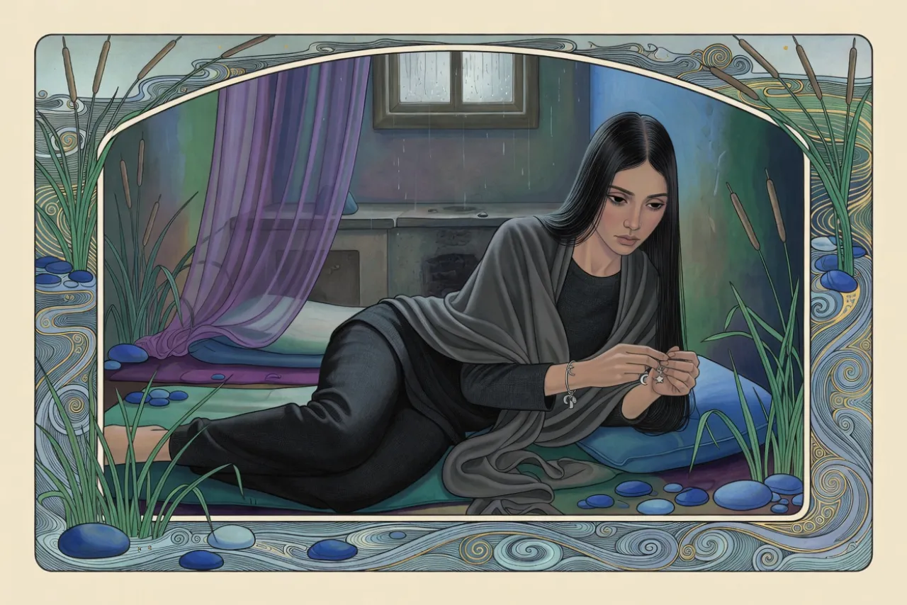 In dim, rainy light a young woman lies curled on a sleeping mat behind a sheer purple curtain, fingering the three charms on her silver bracelet.