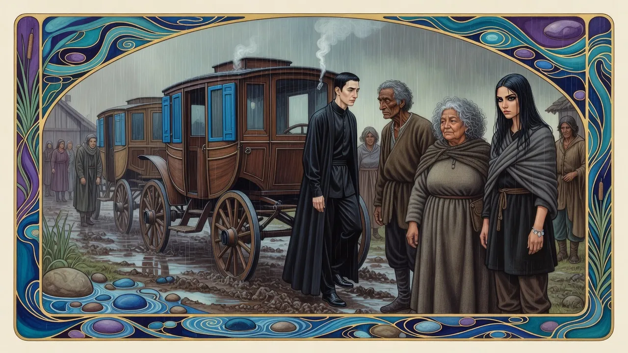 A long six-wheeled wooden carriage stands in a muddy village street in the rain as a man in black steps down its fold-down steps toward a gathered crowd and a young woman standing alone.