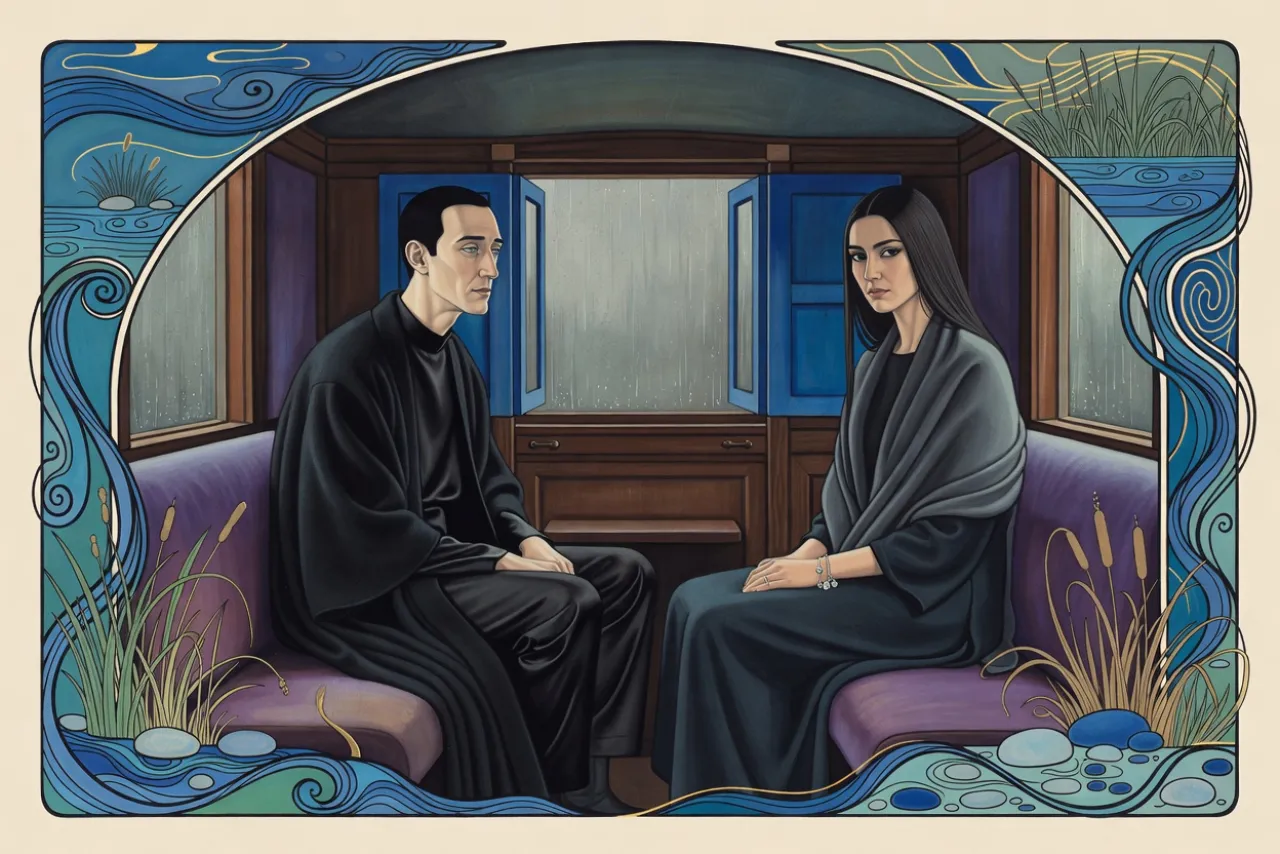 Inside a wood-panelled carriage a man in black studies a tall young woman who sits turned toward a rain-streaked shuttered window.