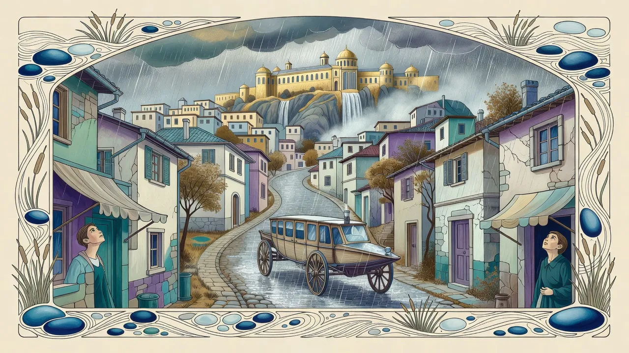 A long six-wheeled carriage climbs a steep street of a parched hill city as a sudden downpour sweeps over it and townspeople turn their faces up to the rain.