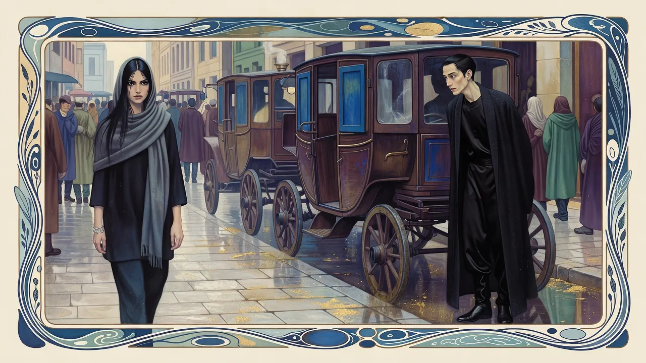 A tall young woman in a grey shawl steps down from an open carriage door into a busy city street while a man in black, turned away, talks with a driver.