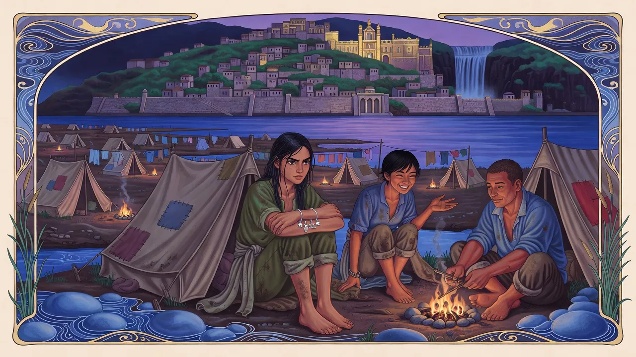 At dusk on a crowded riverbank of patched tents, a young woman sits by a cookfire with a laughing young couple, the broad river and a hill city behind them.