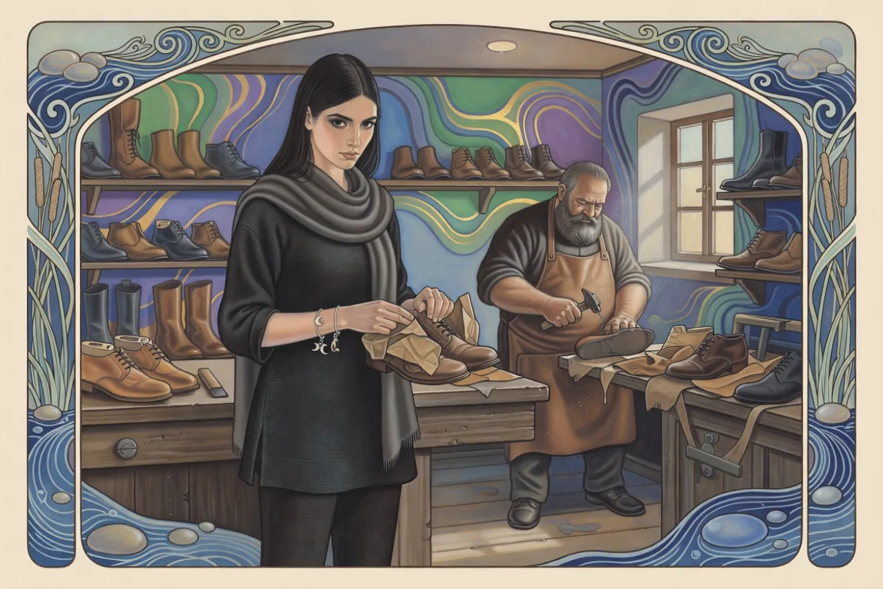 A tall young woman stands behind the counter of a small shoemaker’s shop lined with shoes while the cobbler works at his bench behind her.