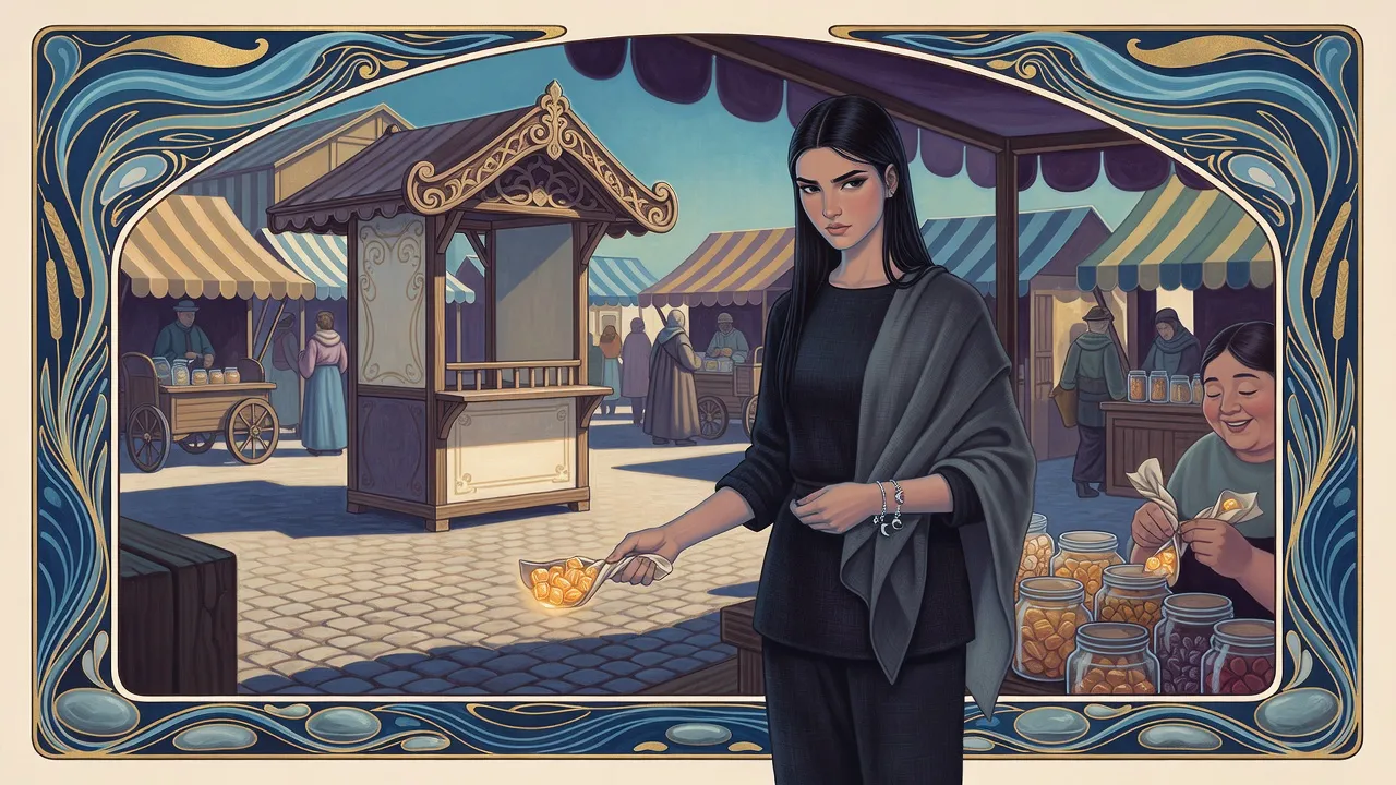 In a busy paved market square a young woman buys small sweets from a stall while a little wooden canopied booth stands across the square behind her.