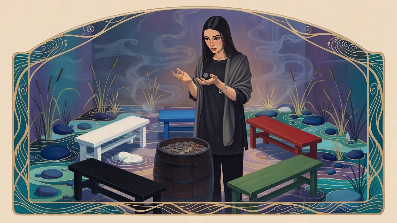 Alone in a lamplit temple, a young woman draws her hand out of a great barrel of coins and looks at the single coin in her palm.
