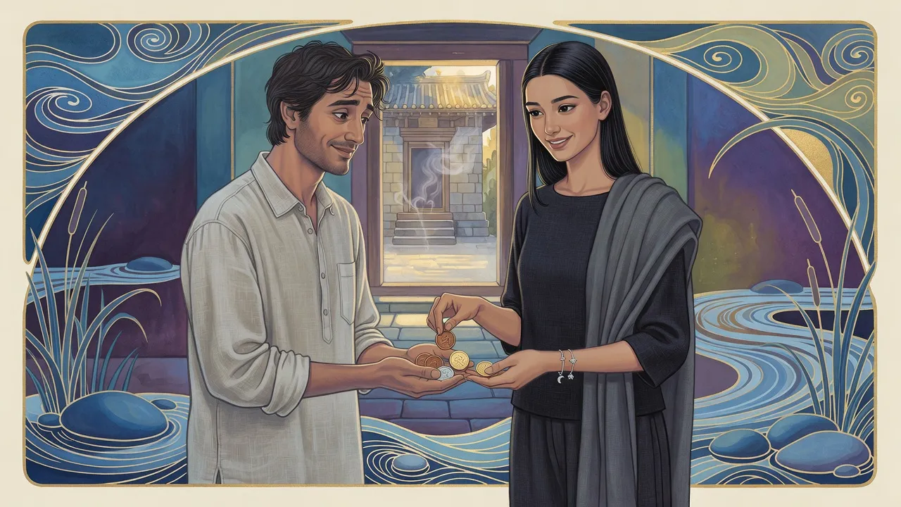 At a temple door in the early morning, a sleepless young father holds out his cupped hands as a tall young woman drops small coins into them.