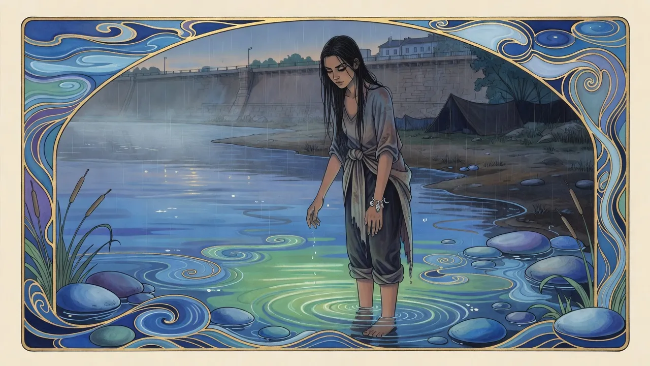 A barefoot young woman stands ankle-deep at the edge of a broad river in the evening rain, palms turned to the water, as the current curls toward her.