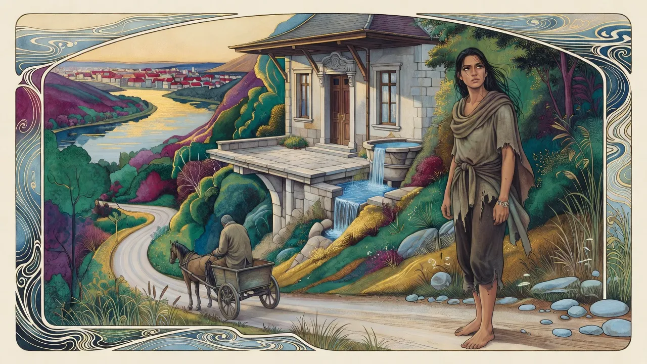 A small cart climbs a steep road toward a grand, solitary stone house perched on a mountainside high above a broad river, a young woman looking up at it from the back.