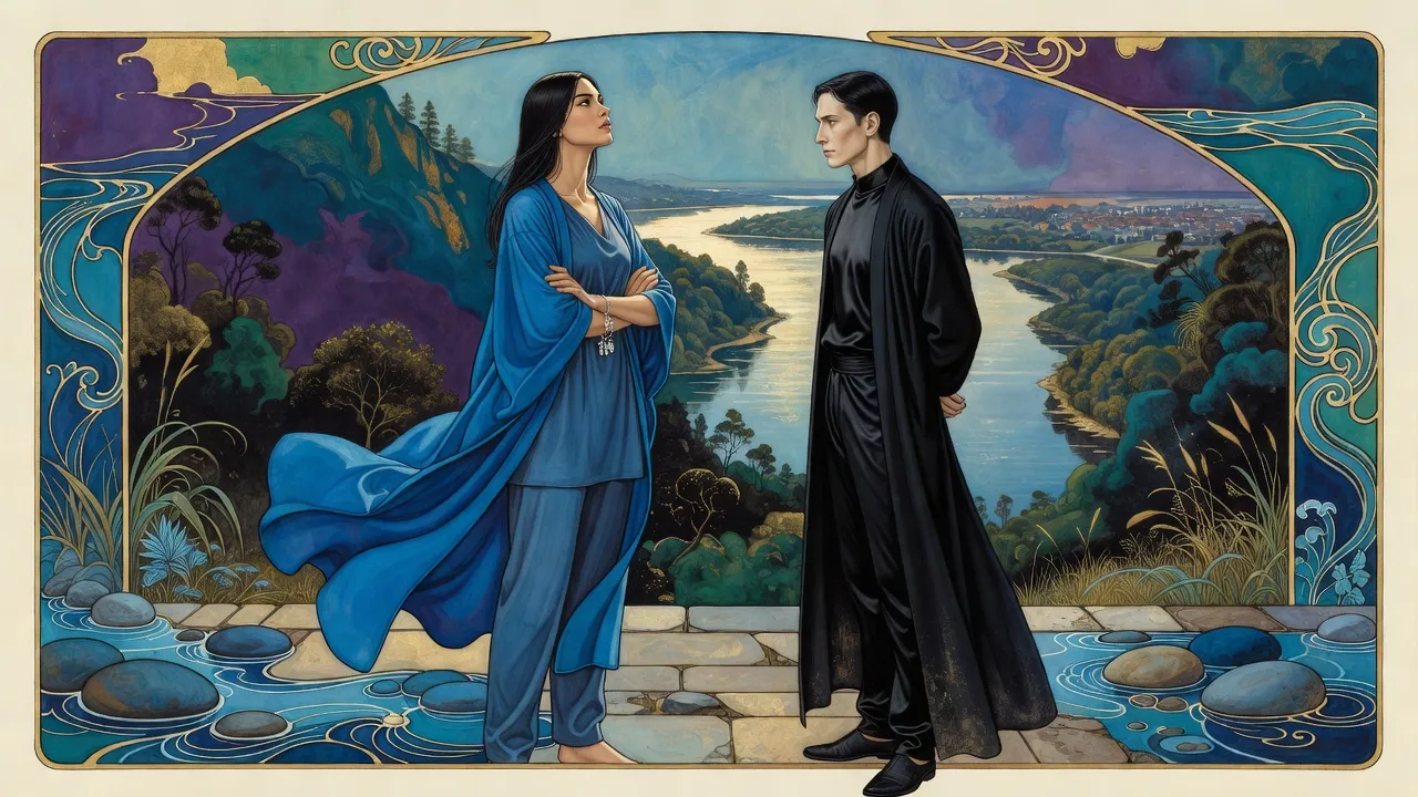On a stone terrace high above a broad river and a city, a tall young woman in bright blue robes faces a man in black who stands a pace away.