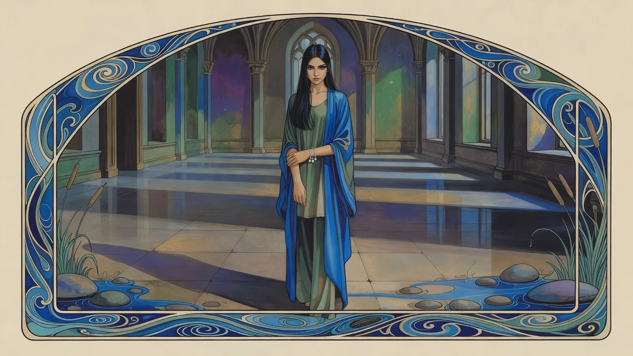 A young woman in blue stands alone in a vast, bare entrance hall, holding her left wrist, cool light falling through tall windows.