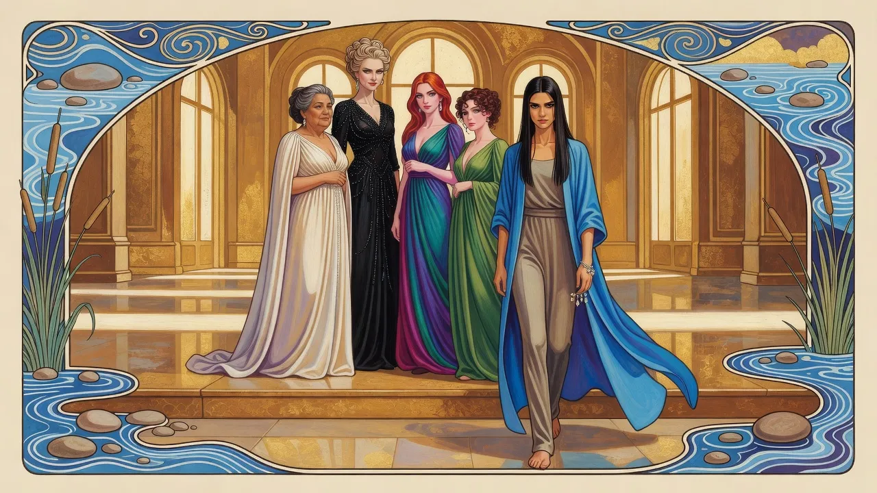 In a golden palace hall four richly dressed queens stand on a low dais watching a tall young woman in blue robes walk toward them.