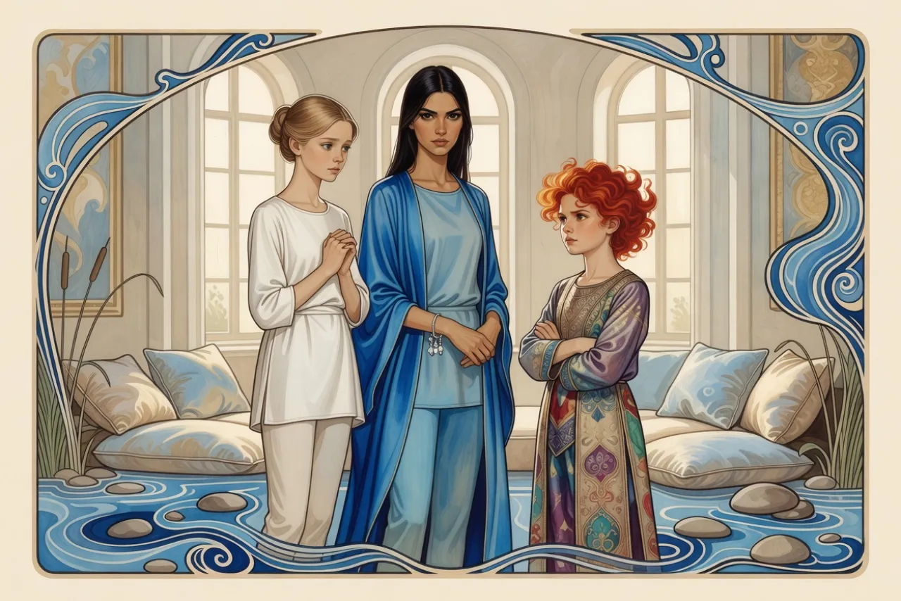 In a palace sitting room a tall young woman in blue meets a timid, fair-haired girl of about fifteen and a fierce red-haired girl of about twelve.