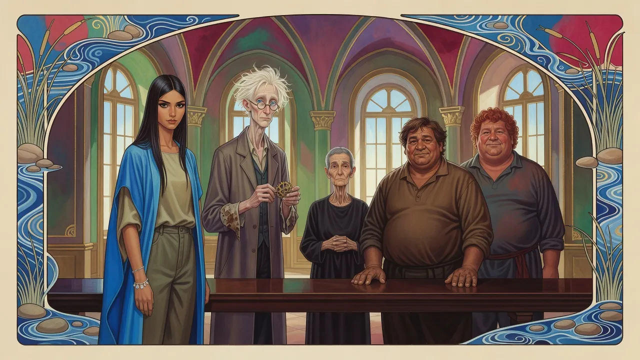 Five people stand around a council table in a palace room: a young woman in blue, a thin spectacled man, a stern grey-haired old woman, a big brown-haired man and a stocky, laughing red-haired man.