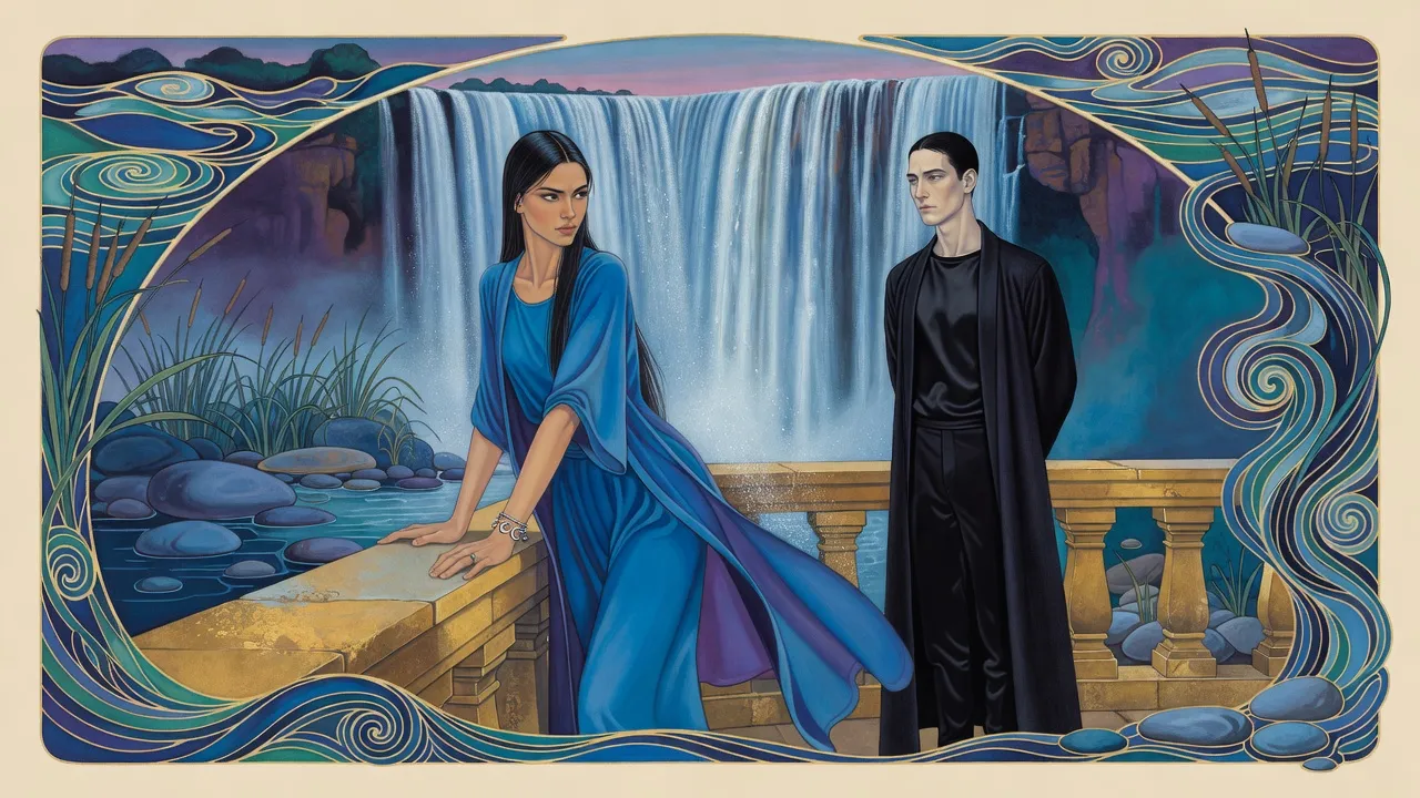 A man in black and a woman in blue stand a pace apart at a stone balustrade above a waterfall at dusk, looking at each other.