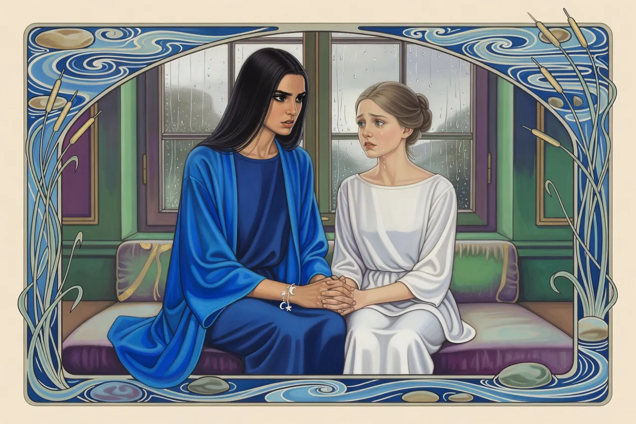 A young woman in bright blue and a fair-haired girl in white sit side by side on a window seat, turned toward each other with their hands clasped.