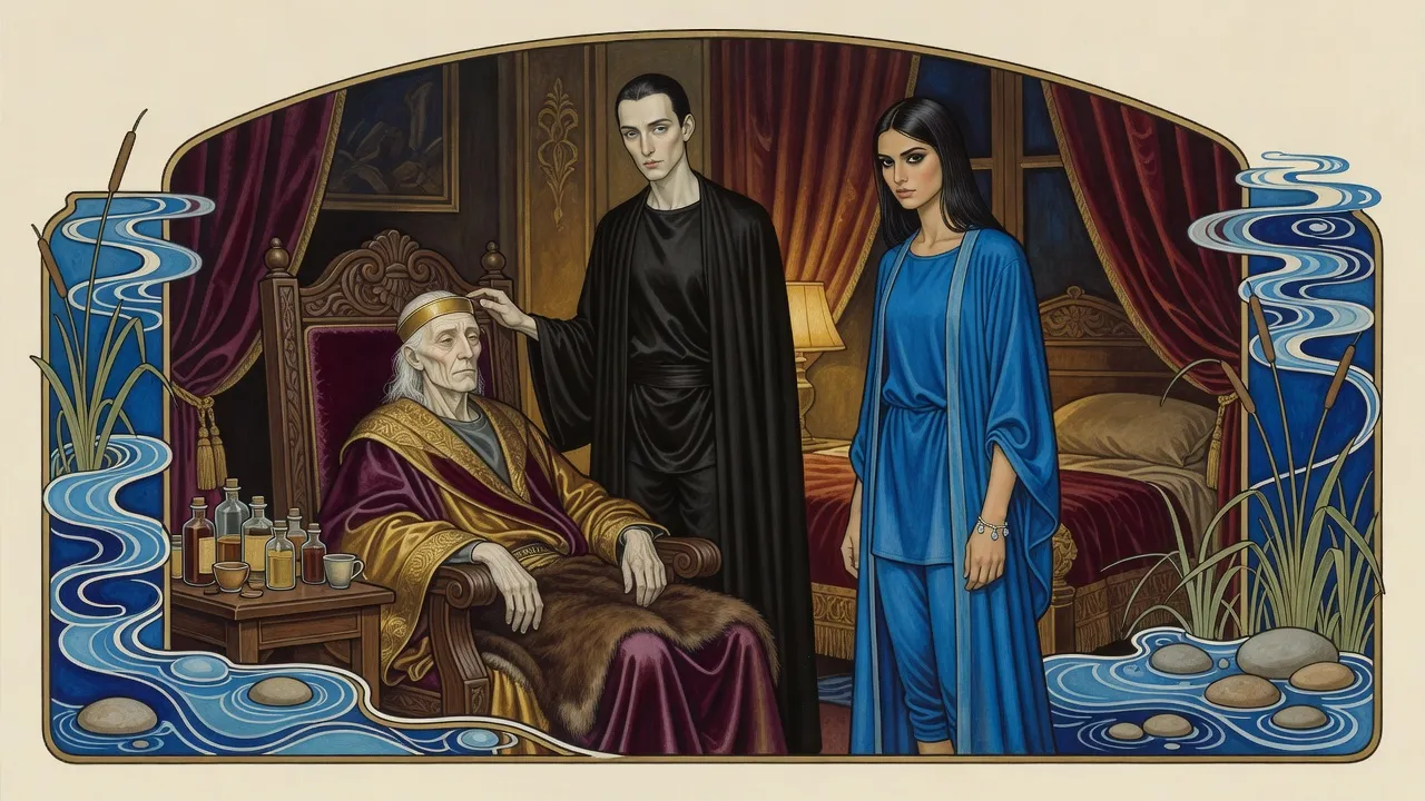 In a dim royal chamber a frail old king slumps in a great carved chair while a man in black stands at his shoulder and a young woman in blue faces them.