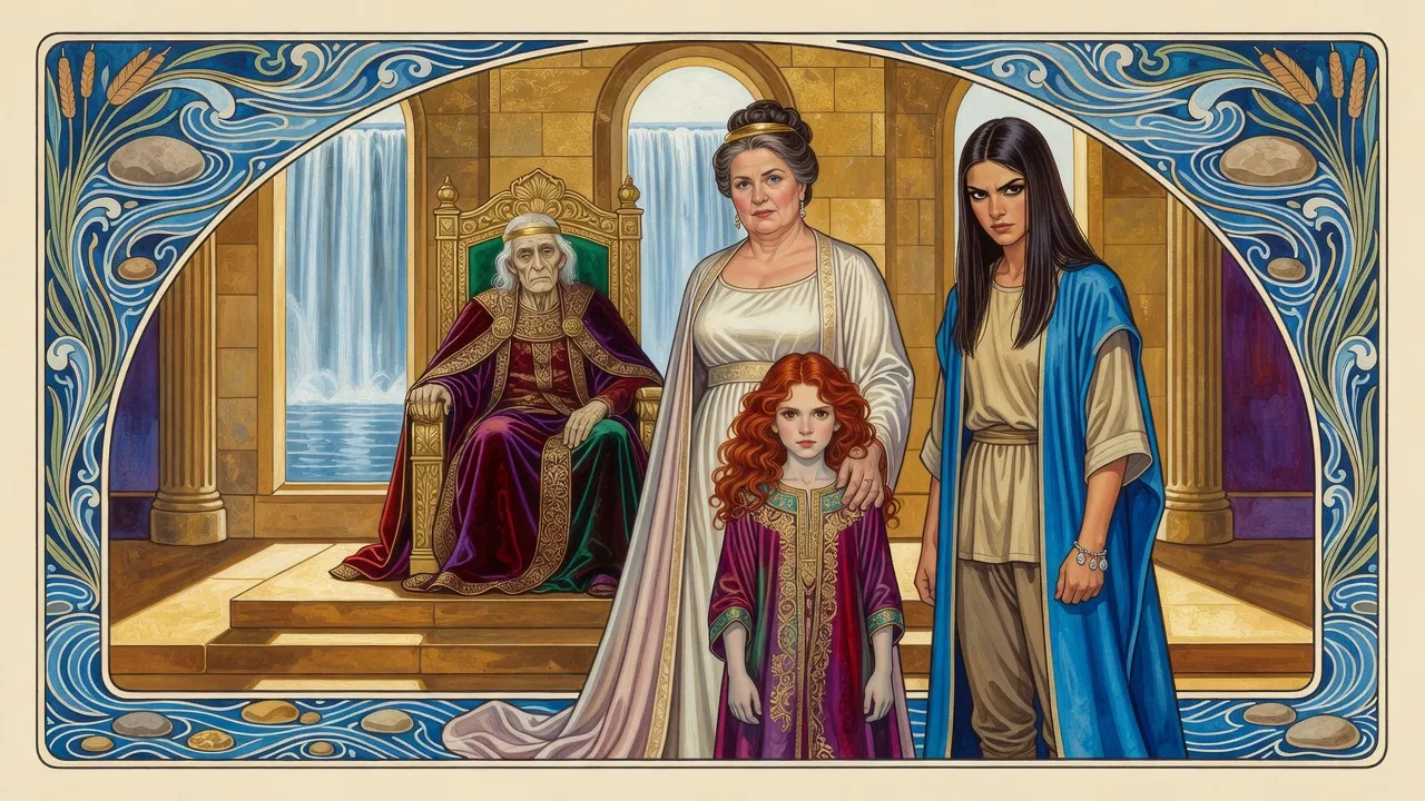 In a throne hall a frail king sits on the throne while a queen in white rests a hand on the shoulder of a defiant red-haired girl, and a woman in blue watches with cold fury.