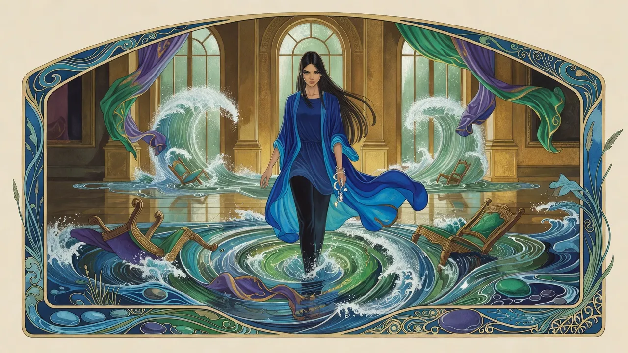 Great waves of blue-green water pour through the tall arched windows of a golden palace hall while a woman in blue stands calm at the centre of the flood.