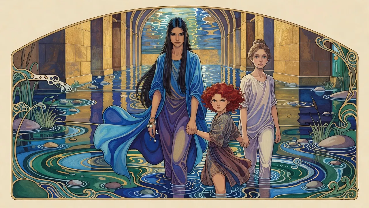 A woman in blue leads a red-haired girl by the hand through knee-deep water down a palace corridor, a taller fair-haired girl following close behind.