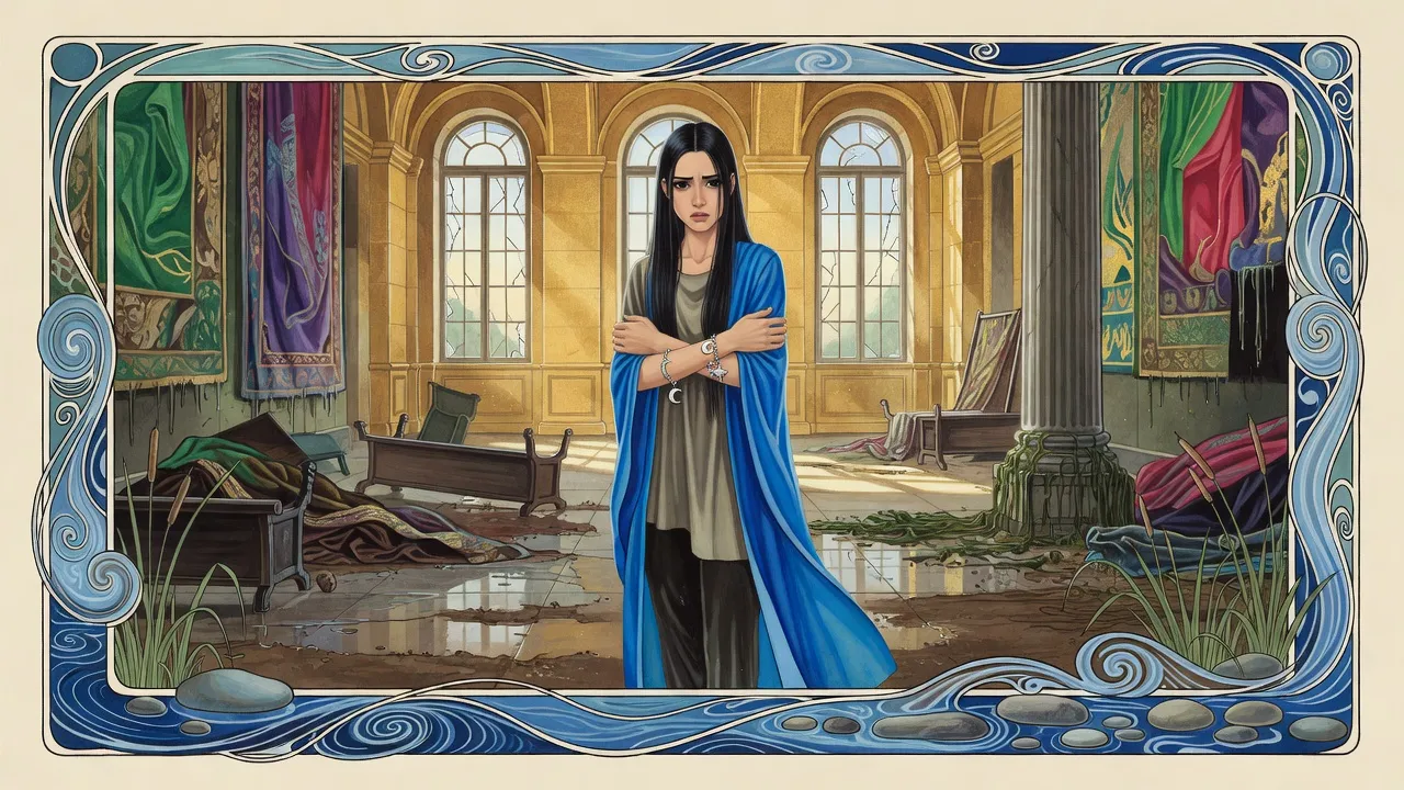 A woman in blue stands alone in a ruined palace hall strewn with mud, debris and sodden hangings, morning light falling through broken windows.