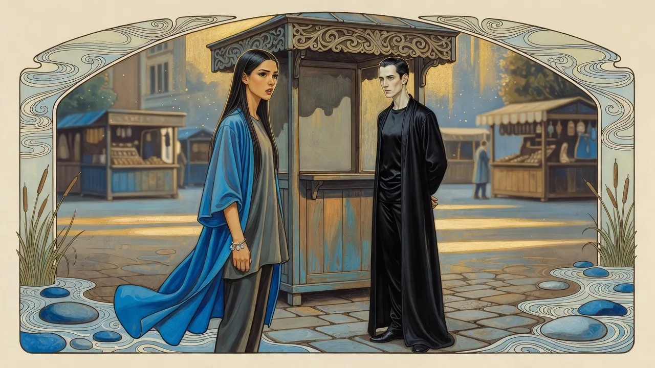 In a paved plaza a woman in blue turns from a small wooden canopied booth to look at a man in black standing a pace behind her.