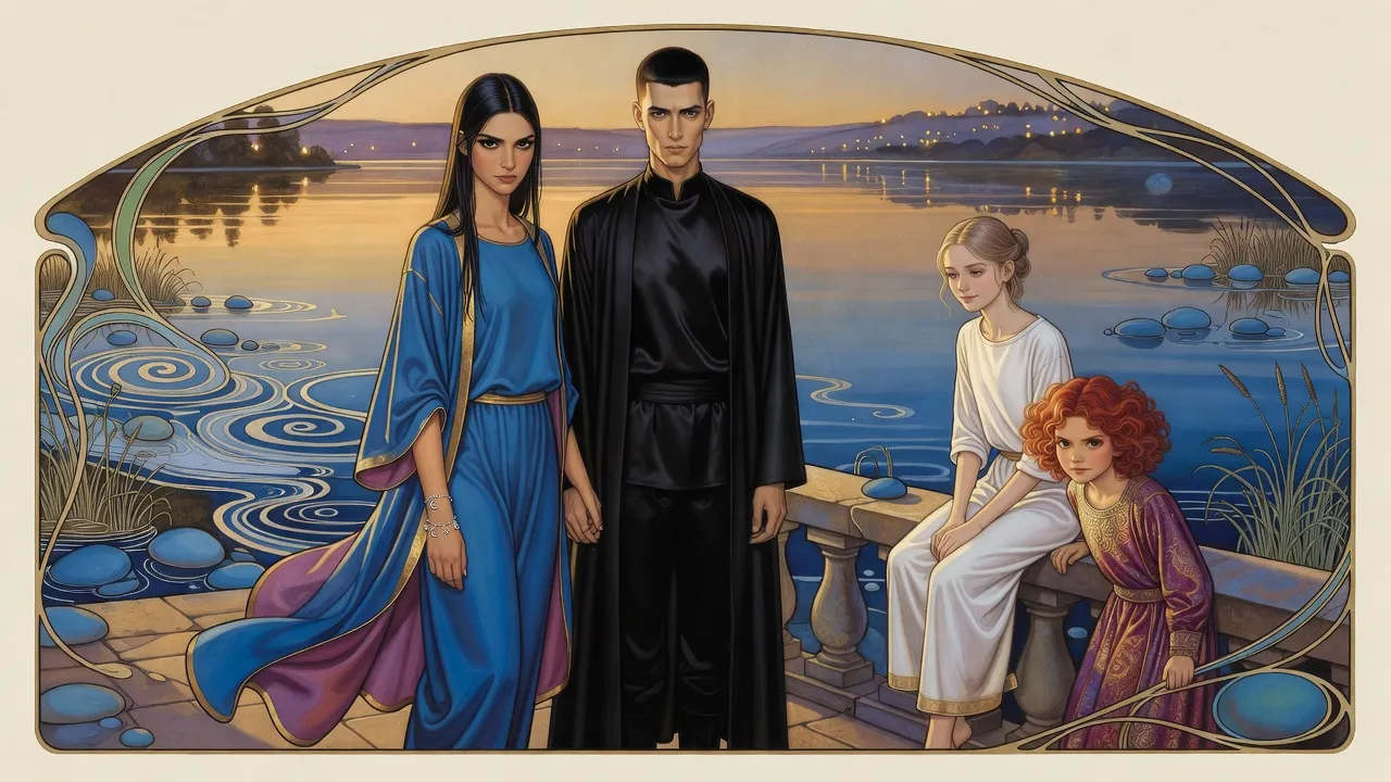 A woman in blue and a man in black stand hand in hand at a terrace balustrade above a river at evening, a fair-haired girl of about fifteen and a red-haired girl nearby.