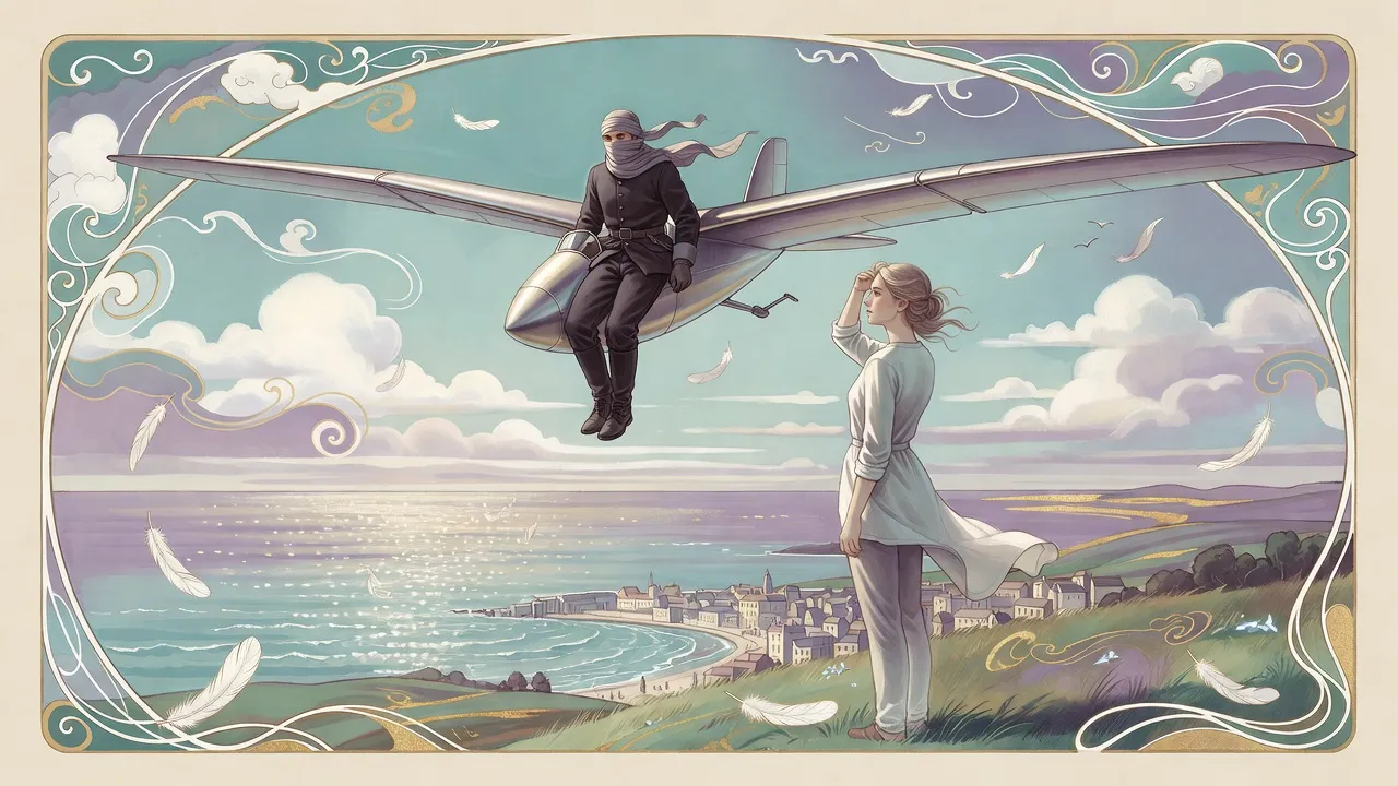 A tall fair-haired woman in white stands on a windy headland above the sea, shading her eyes to watch a silver flying machine with long wings pass overhead.