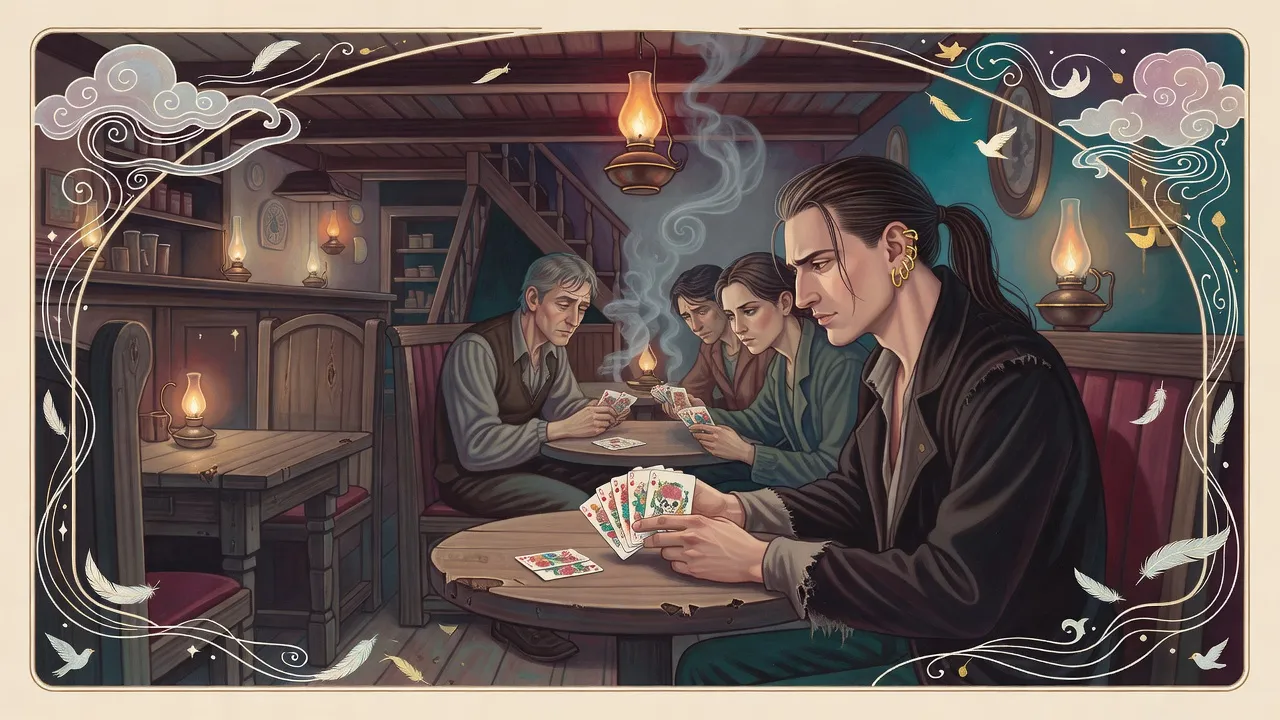 A long-haired gambler deals cards at a lamplit tavern table late at night while a woman across the table stares at his partly uncovered ear.