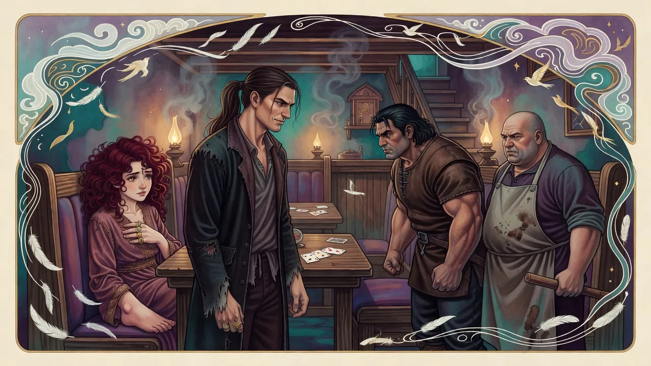 A tangle-haired red-headed girl huddles in a tavern booth nursing her ankle while a man stands between her and a burly thug, a tavern keeper at his side.