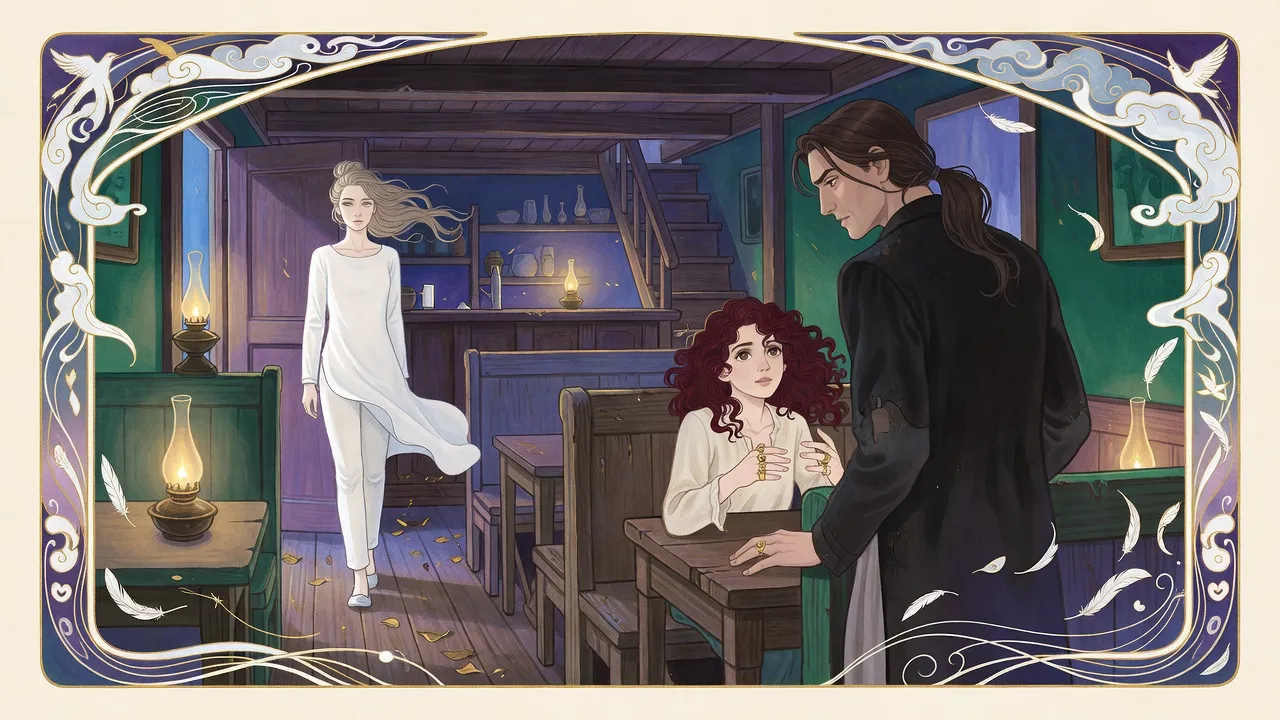 A tall fair-haired young woman in white steps into a lamplit tavern on a gust of night wind, looking toward a booth where a red-haired girl reaches out to her.