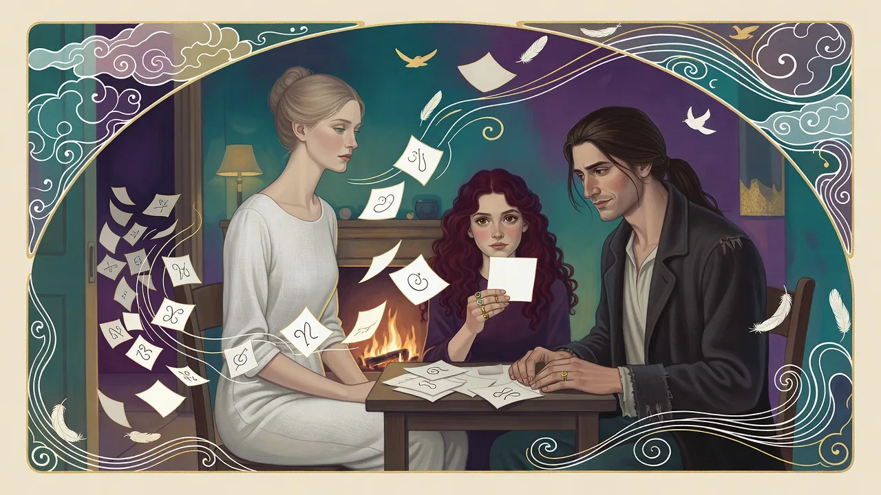 Two young women and a man sit at a small table strewn with paper squares as a draft lifts the papers toward a hearth fire and the red-haired girl holds up a blank square.