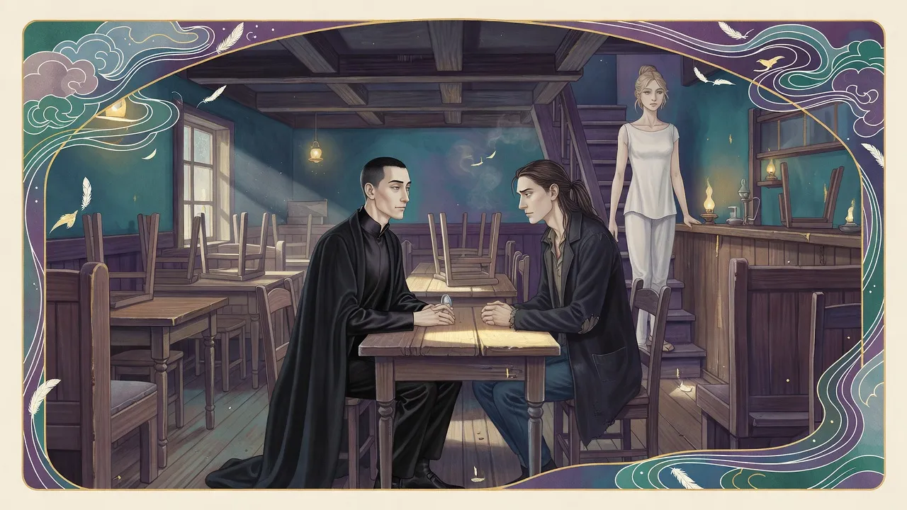 A still, black-clad man sits with folded hands at a tavern table in morning light, looking up at a rumpled long-haired man, while a fair-haired woman pauses on the stair behind.
