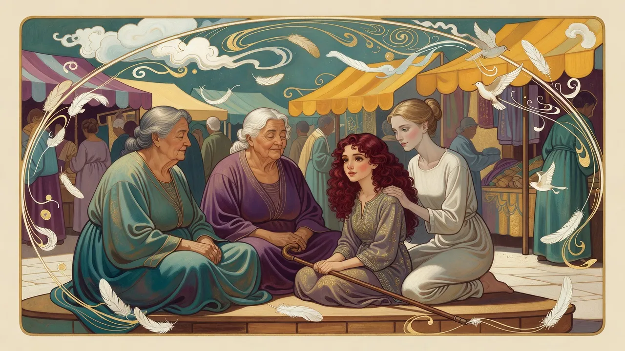In a sunny market plaza, a red-haired girl with a cane sits on wooden planking talking earnestly to three old seers with closed eyes, a fair-haired woman at her shoulder.