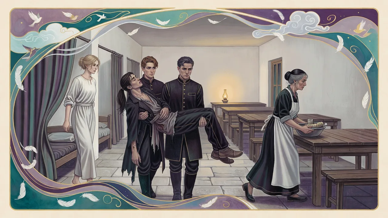 Two guards carry an unconscious long-haired man into a lamplit shelter infirmary while a fair-haired woman pulls back a curtain and an older woman hurries over with a basin.