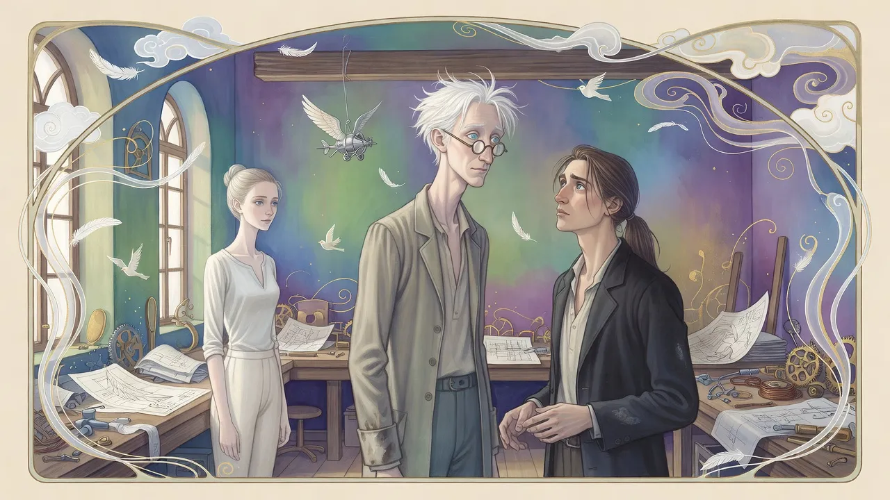 A thin, white-haired inventor in smudged spectacles peers at a long-haired visitor in a cluttered workshop where a small silver model of a winged machine hangs from a beam.