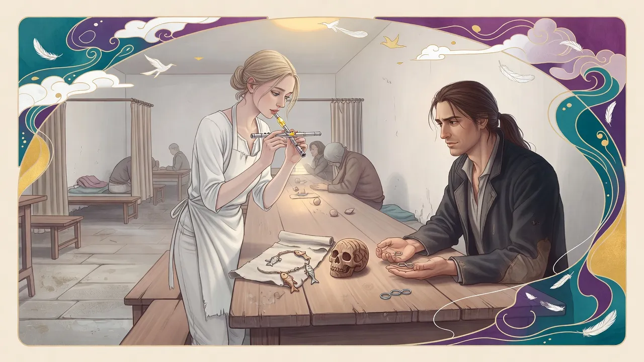At a busy supper table a fair-haired woman lifts a tiny silver flute to her lips beside an unwrapped bracelet and carved skull, while a man beside her holds three small rings.