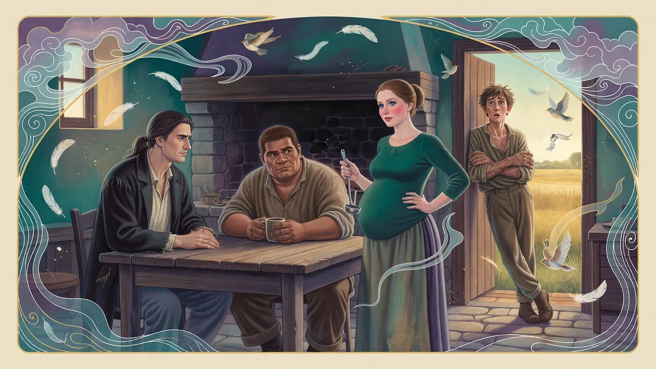 In a stone-floored farm kitchen a long-haired man talks across the table with a big brown farmer while a pregnant woman listens from the hearth and a gangly youth leans in the doorway.