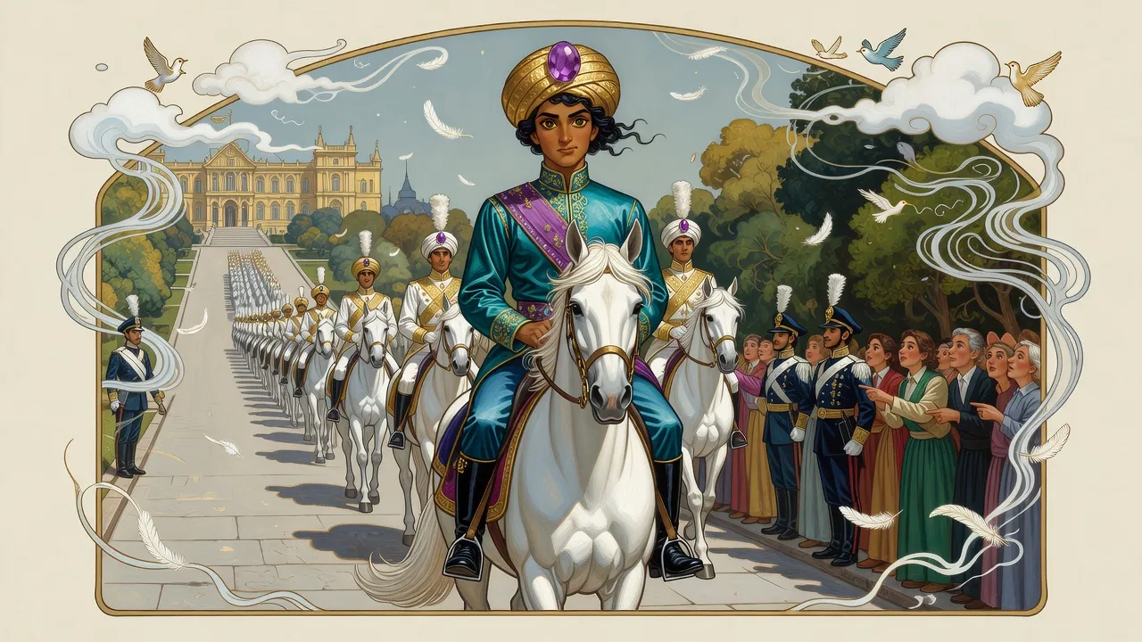 A haughty prince in a gold turban set with a huge violet stone rides a white horse up a sunlit avenue at the head of a column of soldiers in gold and white.