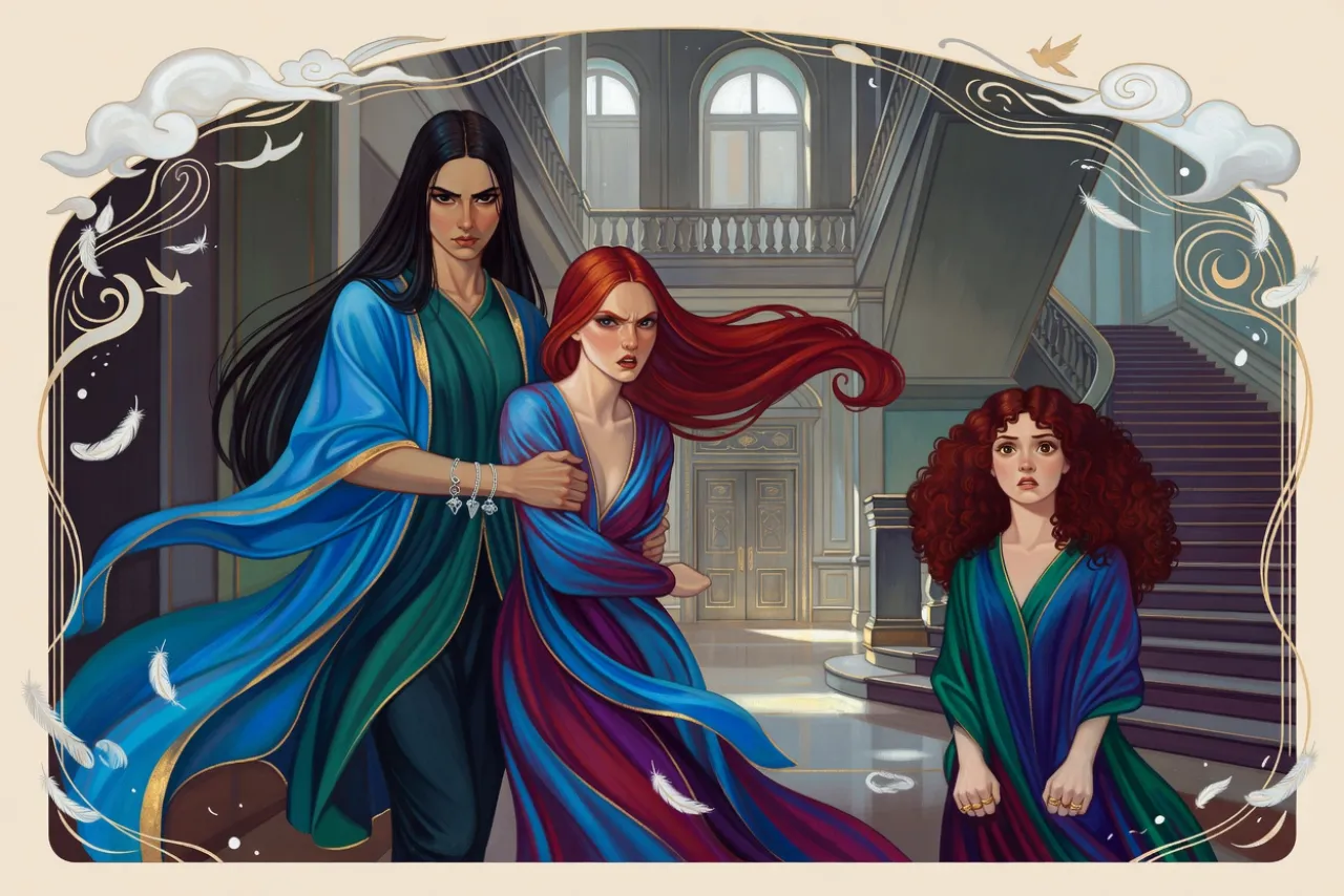 A tall dark-haired woman in blue marches a furious red-haired woman toward the door of a high entrance hall while a red-haired girl stands rigid at the foot of the stairs.