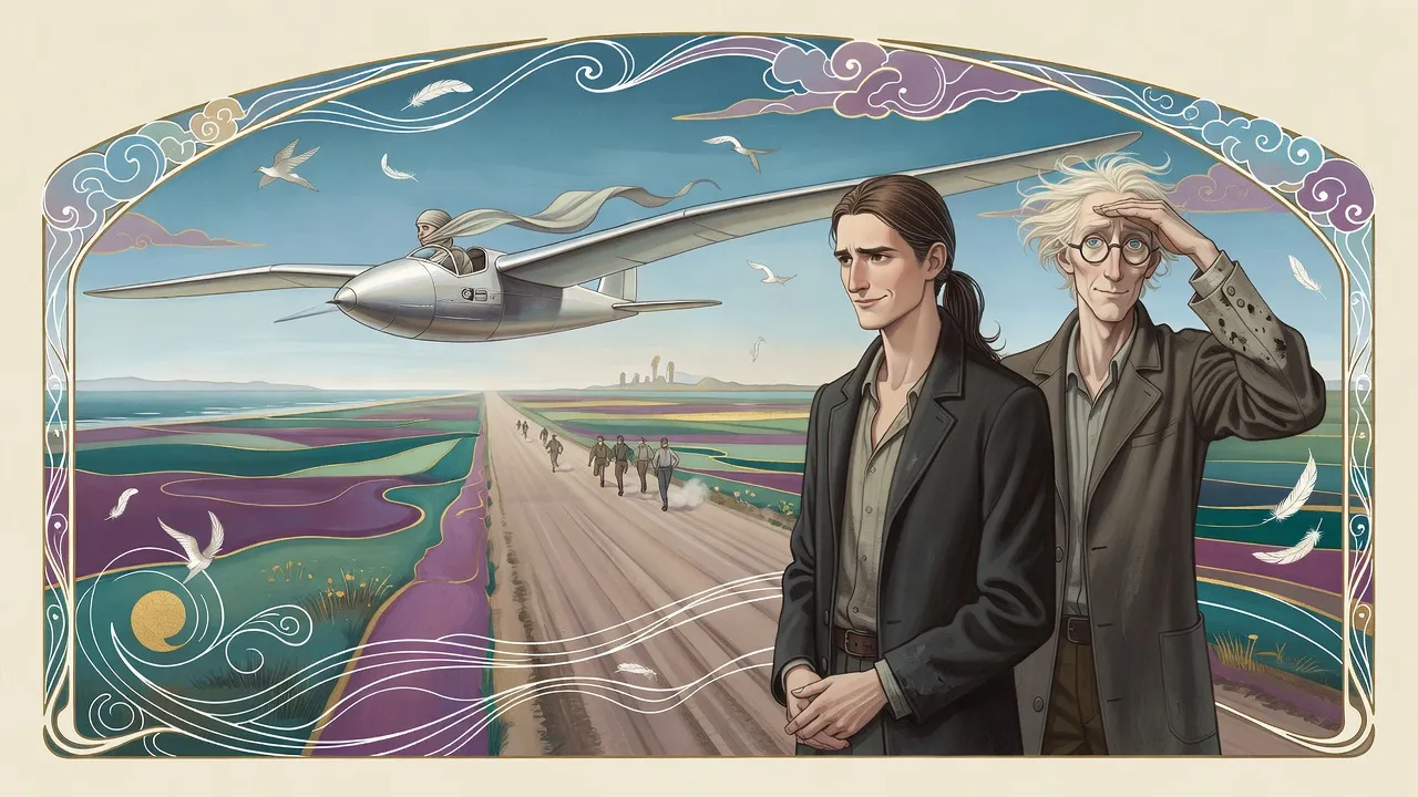 A silver flying machine with very long wings lifts off the end of a long straight road while two men watch from the roadside and mechanics run after it.