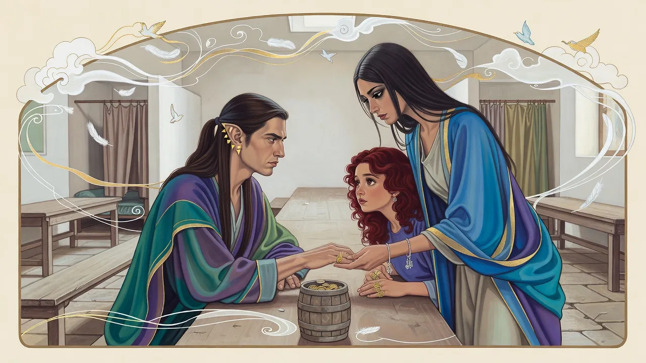 A dark-haired woman in blue holds a man’s hand with her eyes half closed while a red-haired girl leans in to look at his ear, cut into points and hung with small gold earrings.