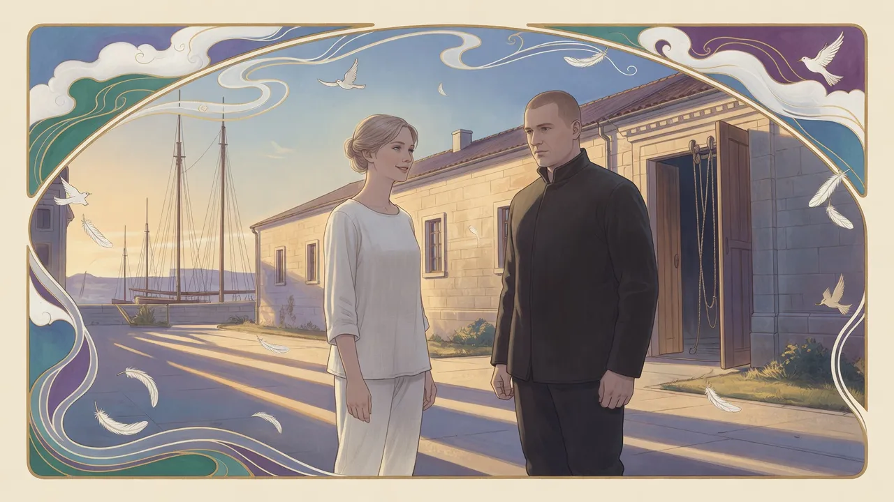 A fair-haired woman in white and a solid, solemn guardsman stand a pace apart outside a long stone hall in low golden light, he questioning, she half-smiling.