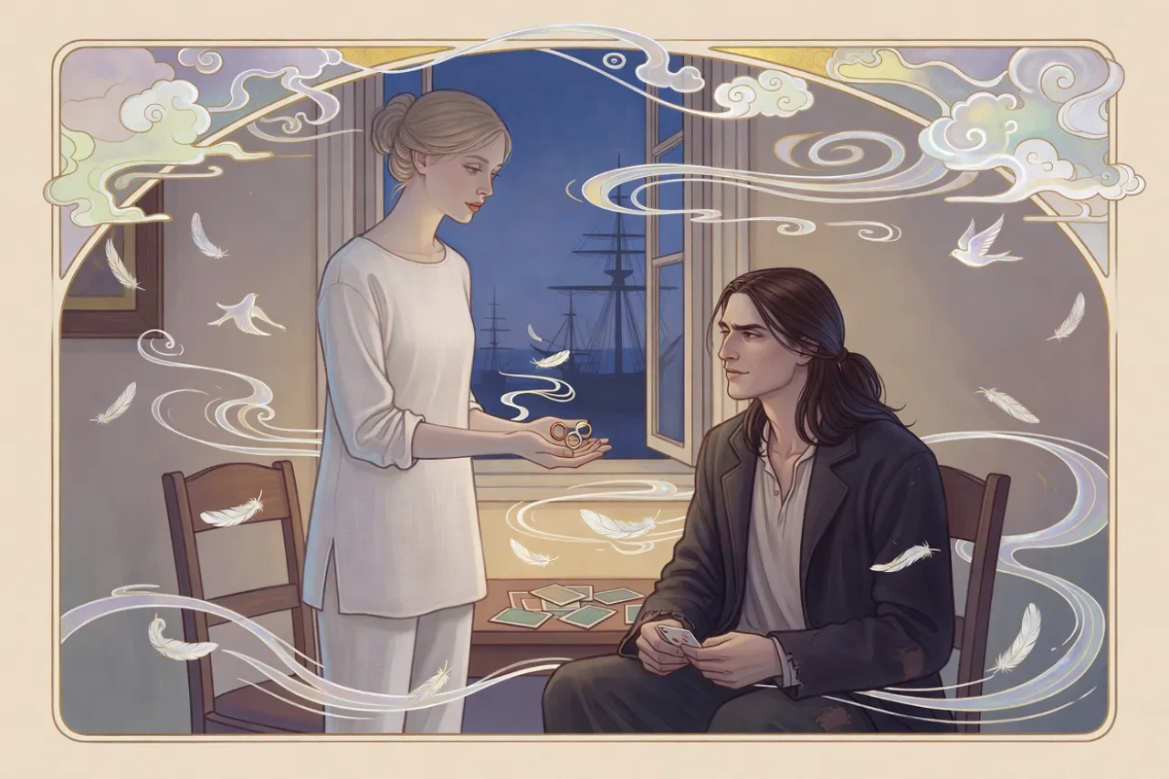 In lamplit rooms above a harbour, a fair-haired woman stands by a card table holding out three small rings on her palm to a seated man who looks up at her.