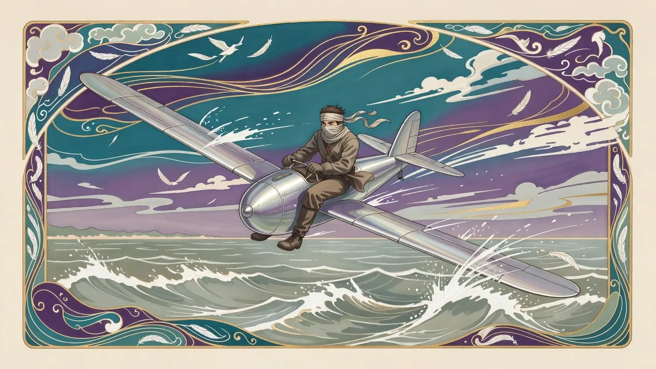 A small silver flying machine with long wings tilts steeply in a violent gust high above a choppy grey-green sea, its wrapped-faced pilot gripping the controls.
