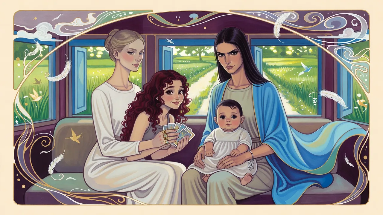 In a carriage cabin rolling past sunlit fields, a fair-haired woman and a red-haired girl play cards while a dark-haired woman beside them holds a wide-eyed baby.