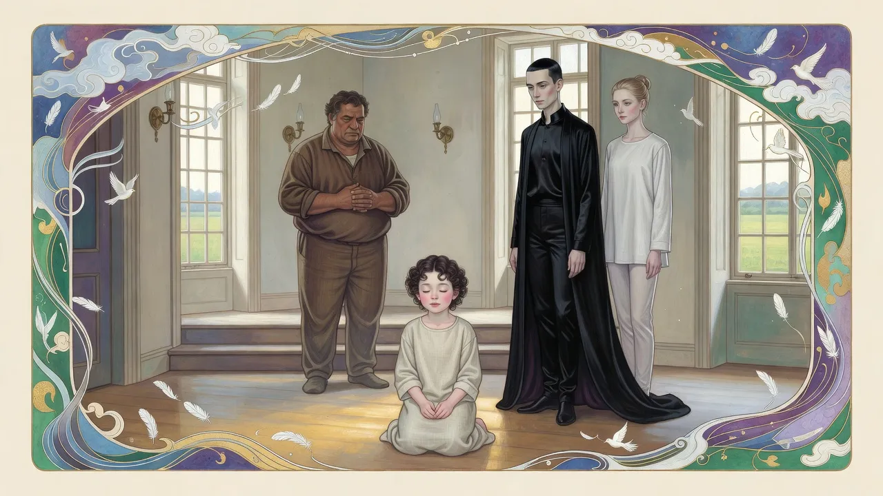 A small dark-curled girl kneels alone with her eyes closed in a sunny, bare room while a big man stands quietly behind her and two visitors stop in the doorway.
