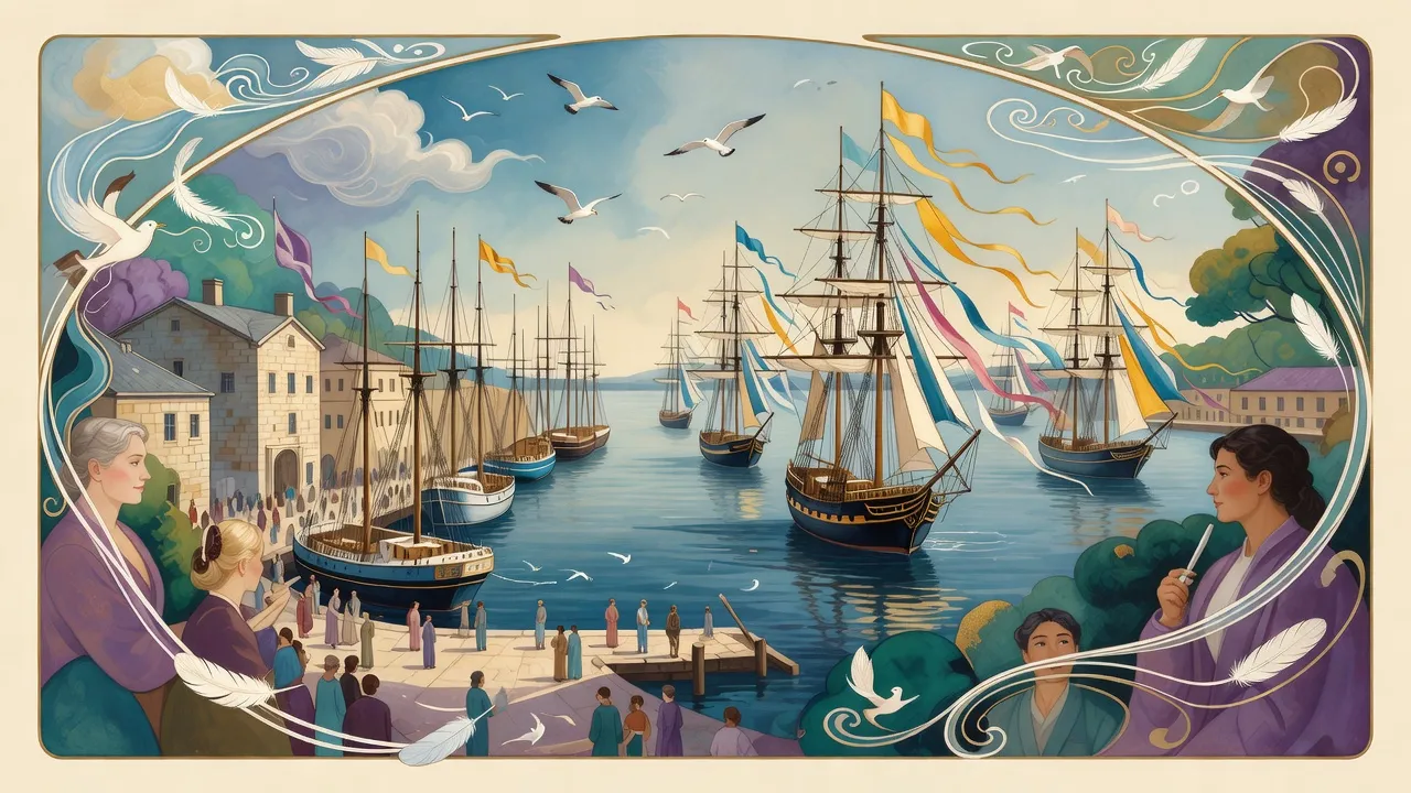 A fleet of tall-masted ships streaming long bright pennants sails into a busy harbour of pale stone quays under a clear sky.
